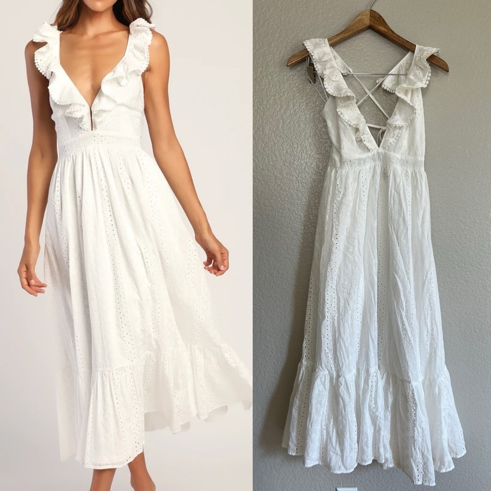 NWOT Sicilian Sun White Eyelet Embroidered Ruffled Lace-Up Midi Dress